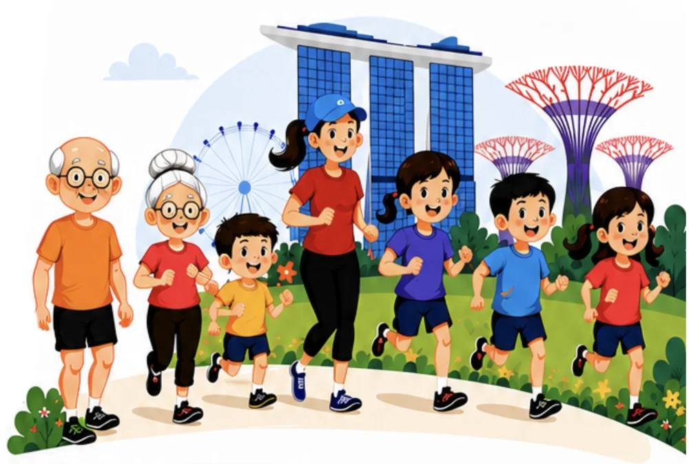 Illustrated runners, families and Singapore landmarks